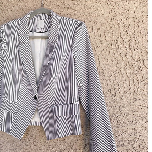 HALOGEN Blue & White Striped Pinstripe Stretch Cotton Suit Jacket Blazer - Picture 2 of 10